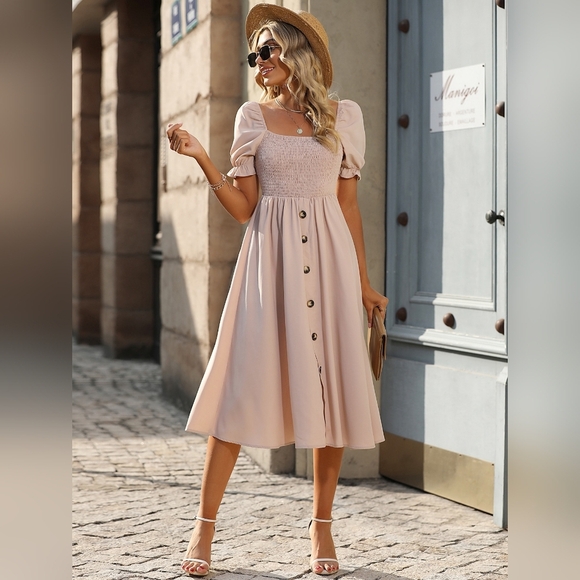 Square Neck Puff Sleeve Button Detail Dress - Picture 1 of 5